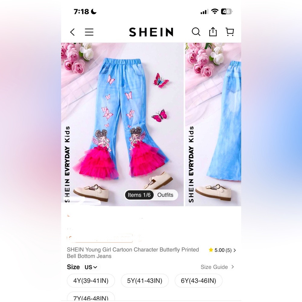 BNIB Young Girls Cartoon Girl Butterfly Print Bell Bottom Indigo Jeans Pants 6 Y - Picture 11 of 15